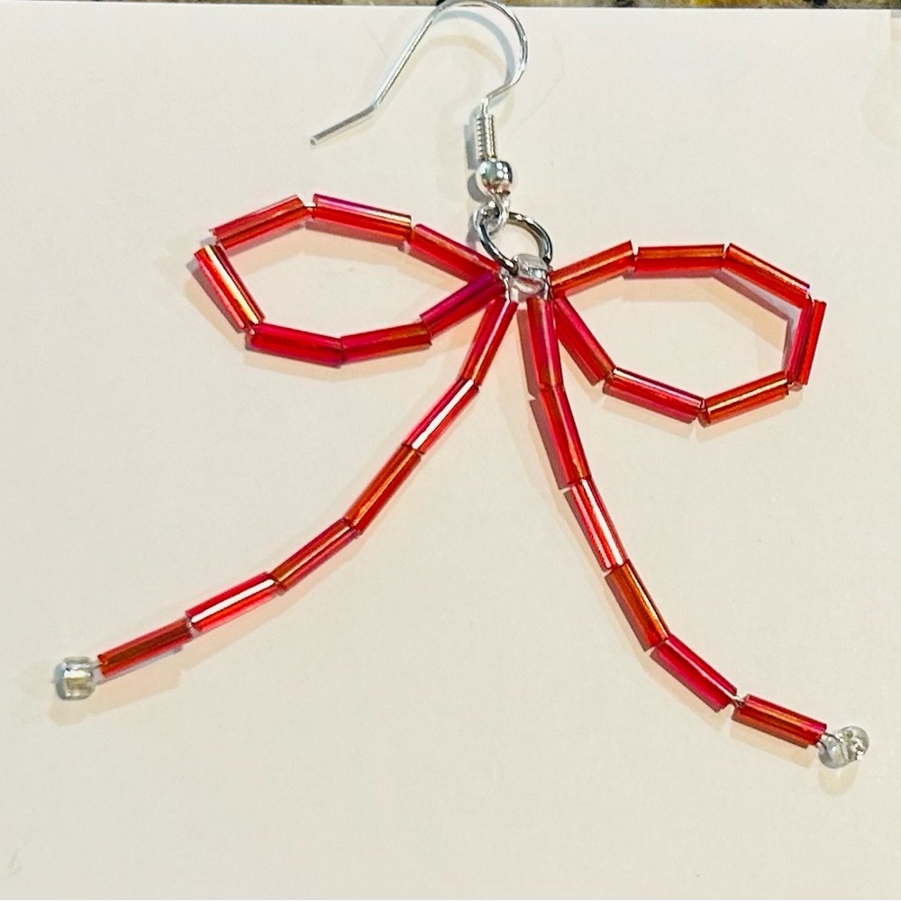Handmade Red Bow Drop Earrings - Picture 3 of 6